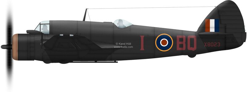 Side view illustration of a twin-engine fighter aircraft, painted in dark colors with distinctive roundels and markings, identifiable as a historical military plane.
