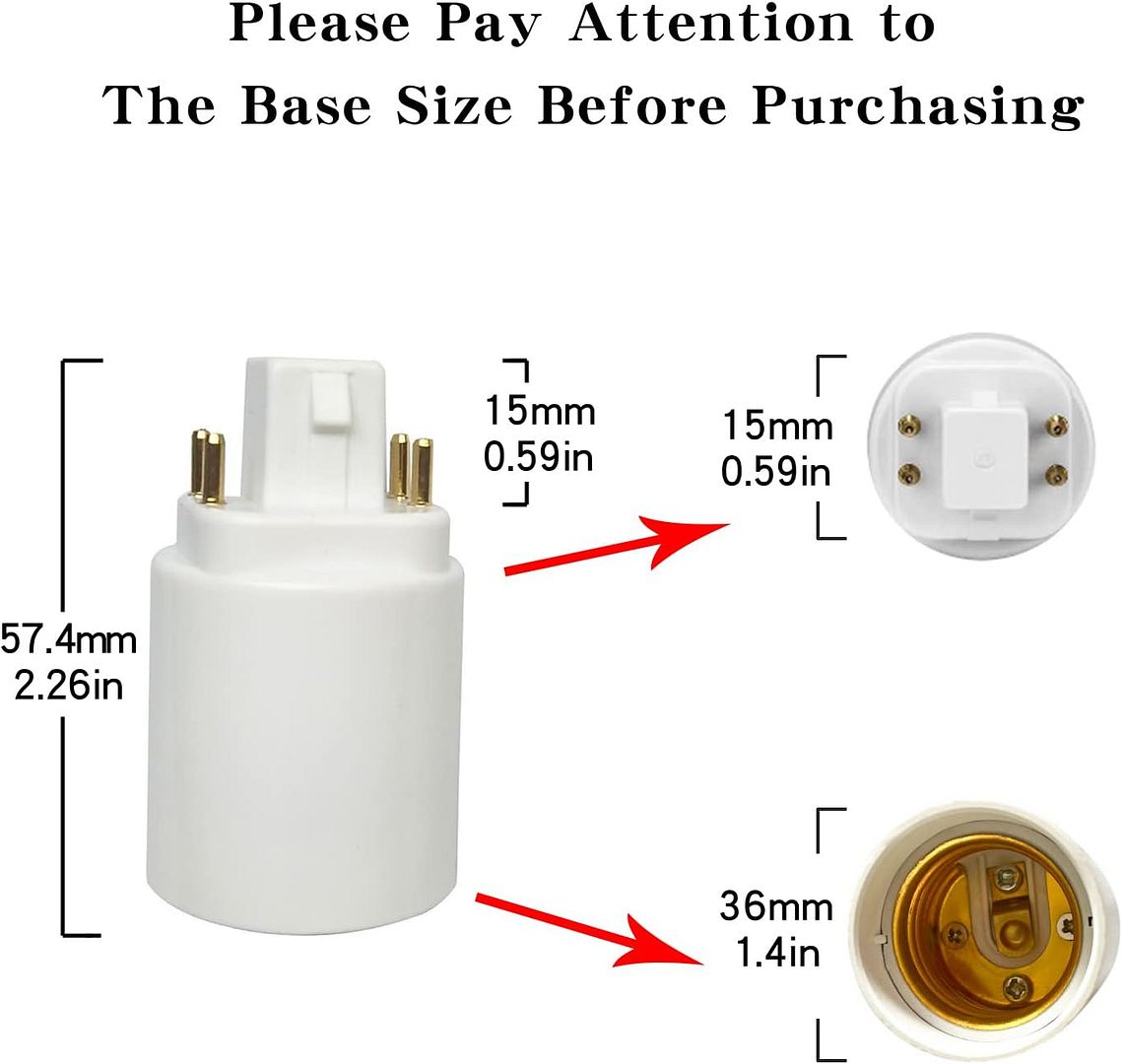 Gx24q to E26/E27 Socket Adapter, 4 Pin Light Bulb Adapter Gx24 to Medium Edison Bulb Base 4 Pin Gx24q CFL to E26 E27 Lamp Base Socket Adapter Converter Light Fixture Remove Bypass The Ballast