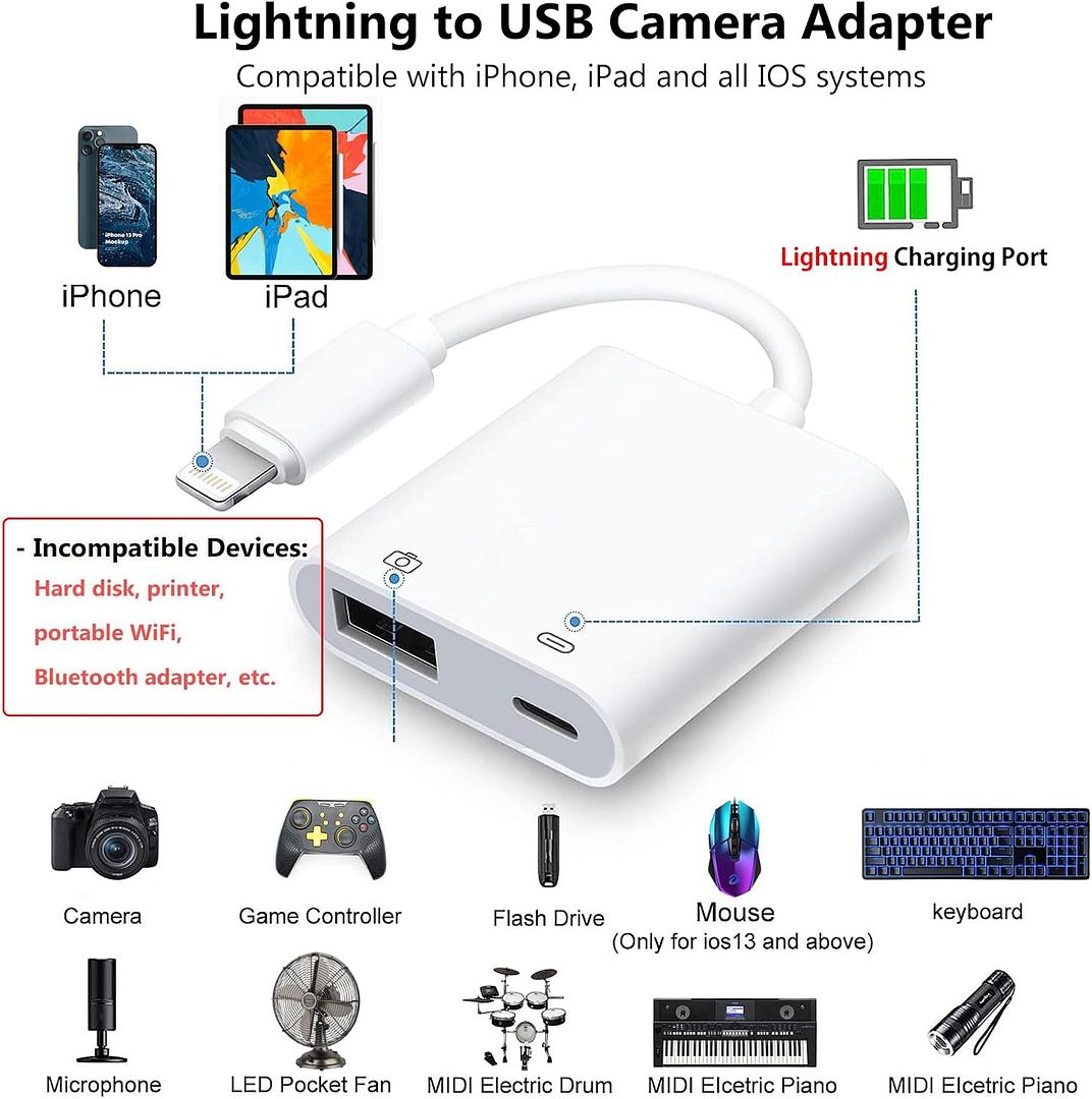 Lightning to USB Camera Adapter for iPhone with Lightning Charging Port USB 3.0 Female OTG Cable for iPad to Connect Card Reader USB Flash Drive U Disk Keyboard Mouse Hubs Midi