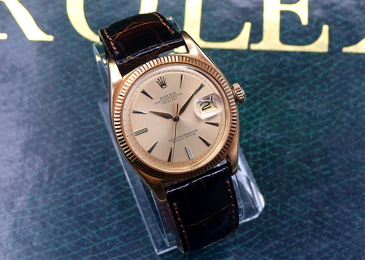 Vintage 1950s Rolex 18k YG Datejust ref. 6605 w/Spectacular NO LUME Dial