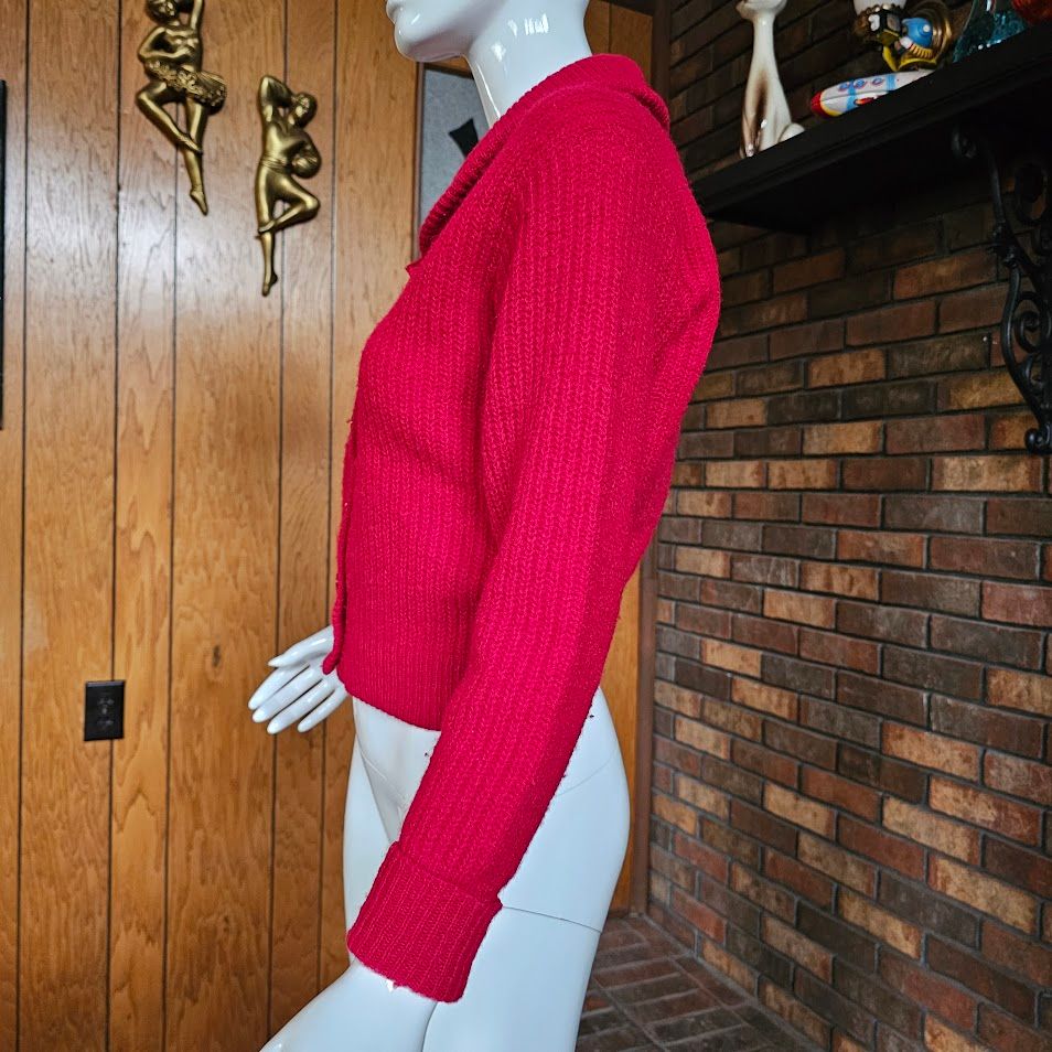 Vtg 50s Shetland Wool Knit Cranberry Cropped Pinup Shawl