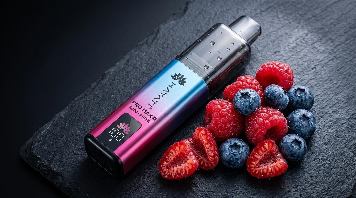 Hayati Pro Max Plus 6000 kit in Blueberry Raspberry with fresh blueberries and raspberries