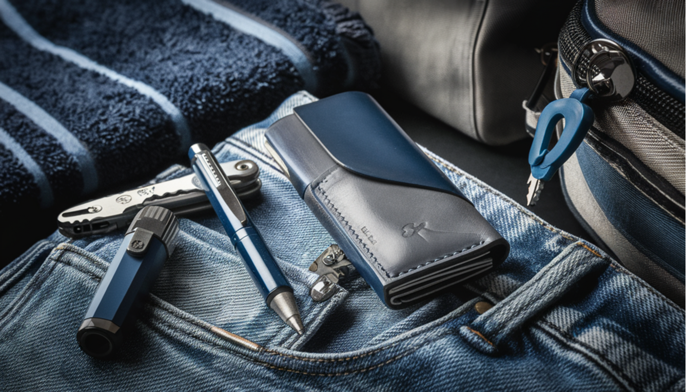 The image showcases a stylish and minimalistic everyday carry setup for men, highlighting a sleek mechanical pencil, a sophisticated wallet, a multitool, and a keychain.