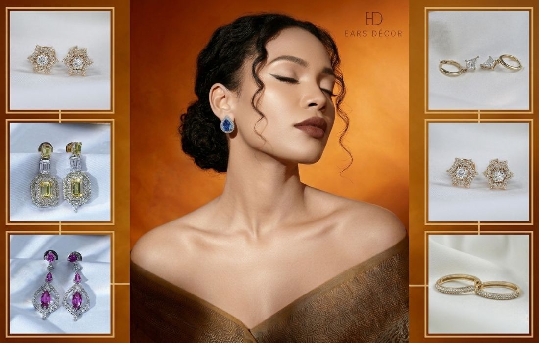Ears Décor luxury jewelry collection featuring diamond and gemstone earrings and earrings displayed alongside an elegant model