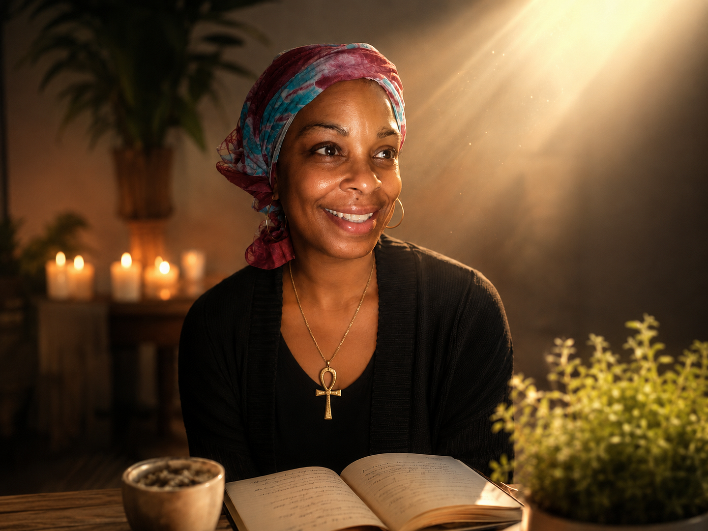 Dr. Anu sitting in a sacred atmosphere with the presence of GOD