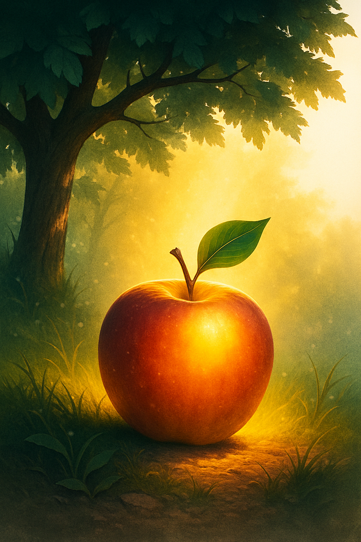 Luminous apple beneath a tree in warm sunlight
