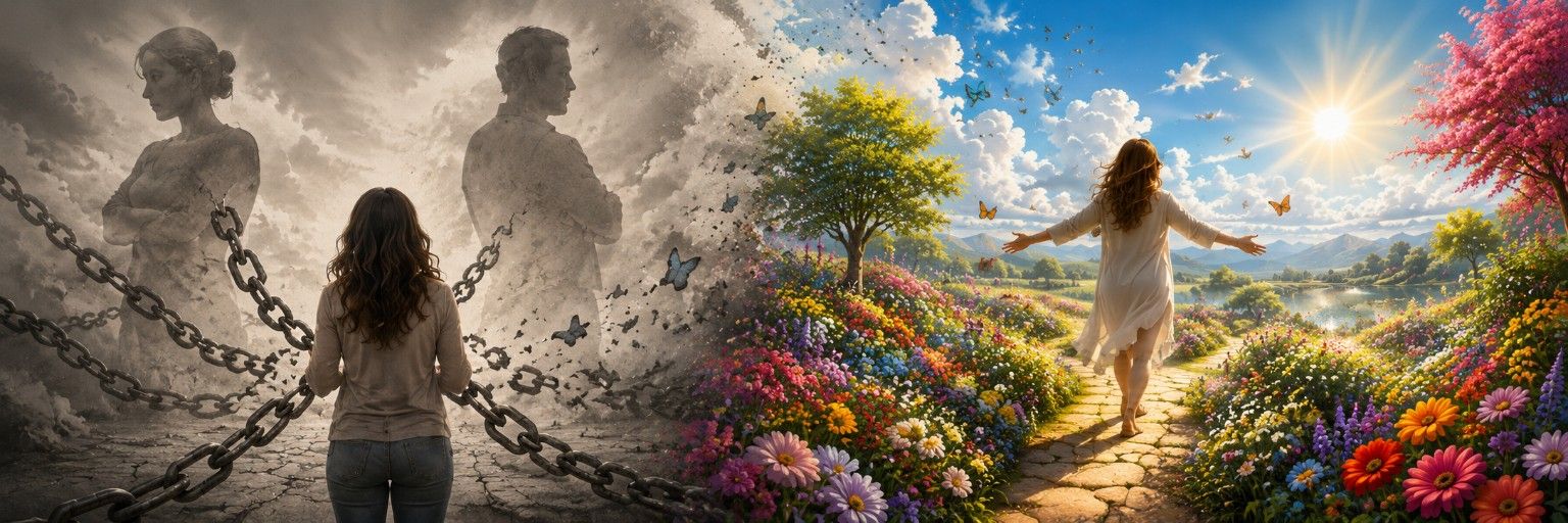An adult breaking free from inherited trauma and emerging into a vibrant new identity