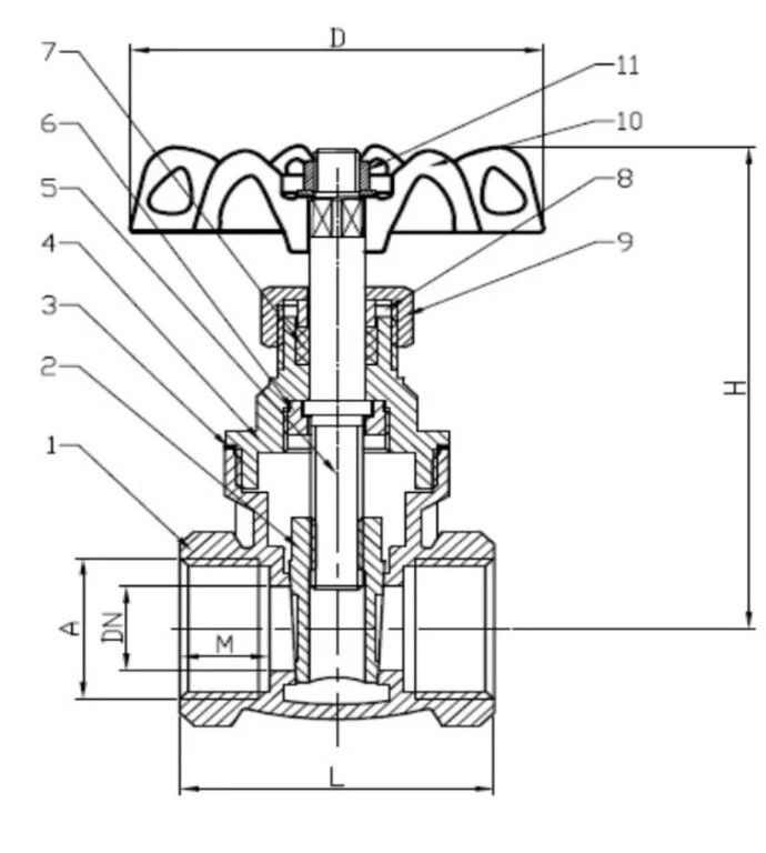 Technical Drawing of Brass Gate Valve PN20 for water and heating applications