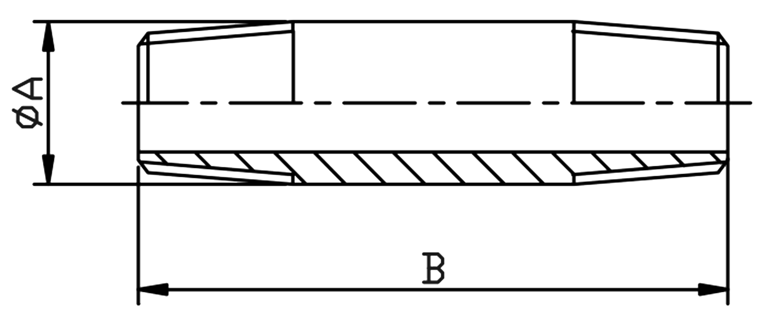 Technical Drawing of BSPT Barrel Nipple showing B (Length) and A (OD) dimensions