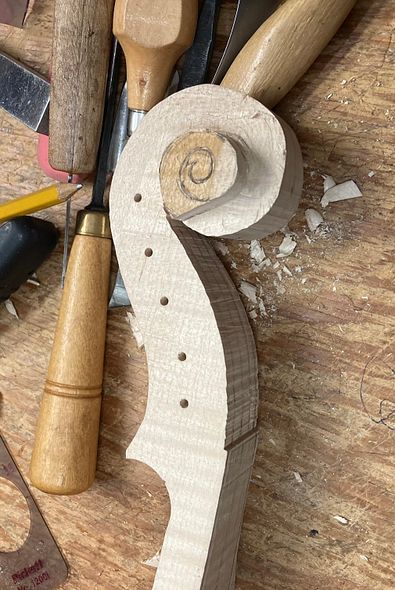 Beginning the neck for a 5-string viola handmade in Oregon by Artisanal Luthier, Chet Bishop