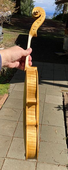 Side view of 5-string Viola with yellow varnish base coat, handmade in Oregon by Artisanal Luthier, Chet Bishop