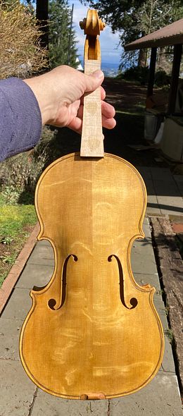 Front of 5-string viola with yellow varnish base coat, handmade in Oregon by Artisanal Luthier, Chet Bishop