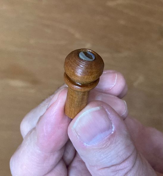 Sonowood End Button with Paua Shell dot, for 5-string viola handmade in Oregon by Artisanal Luthier, Chet Bishop