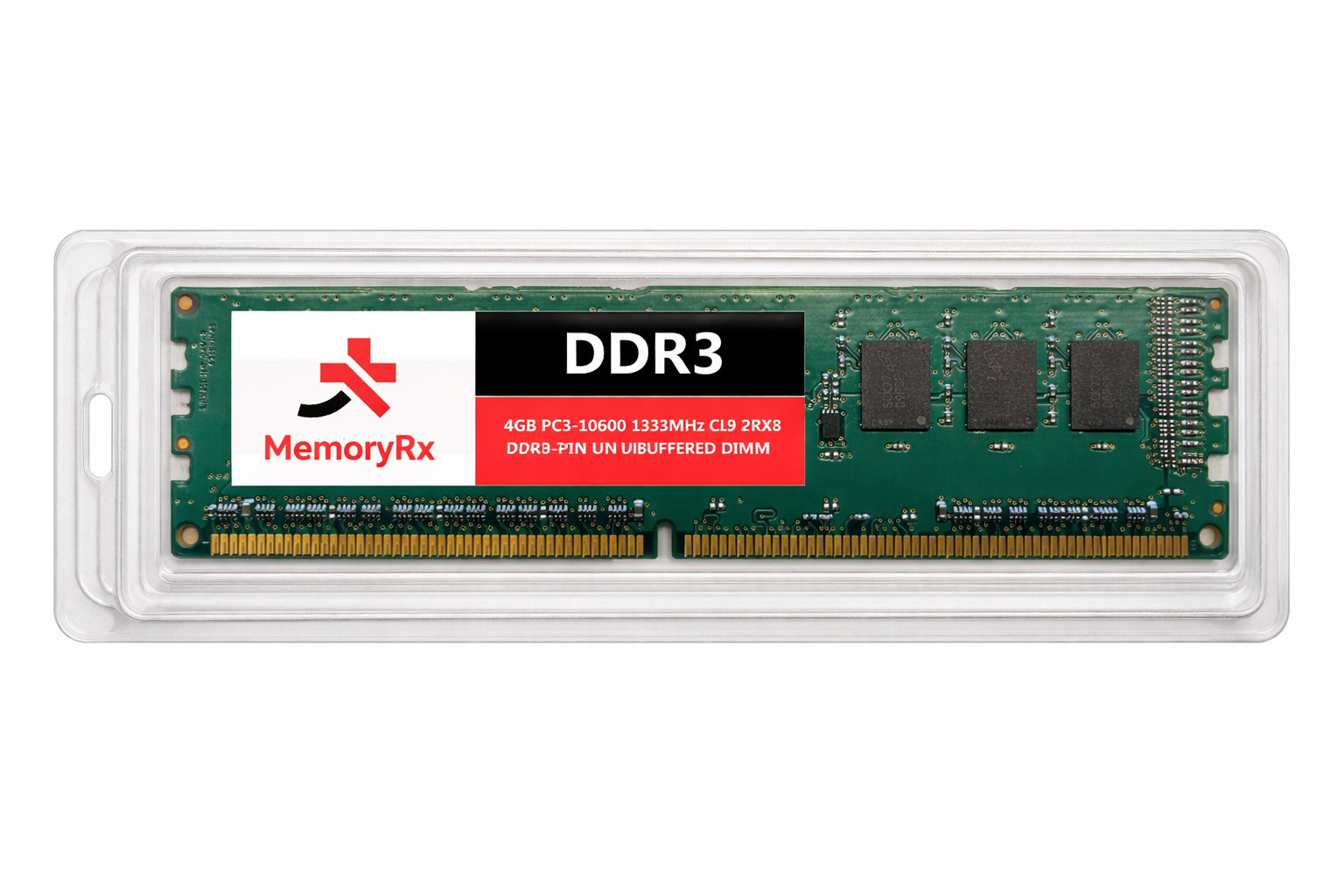 Front view of MemoryRx DDR5 module packaged in clam shell