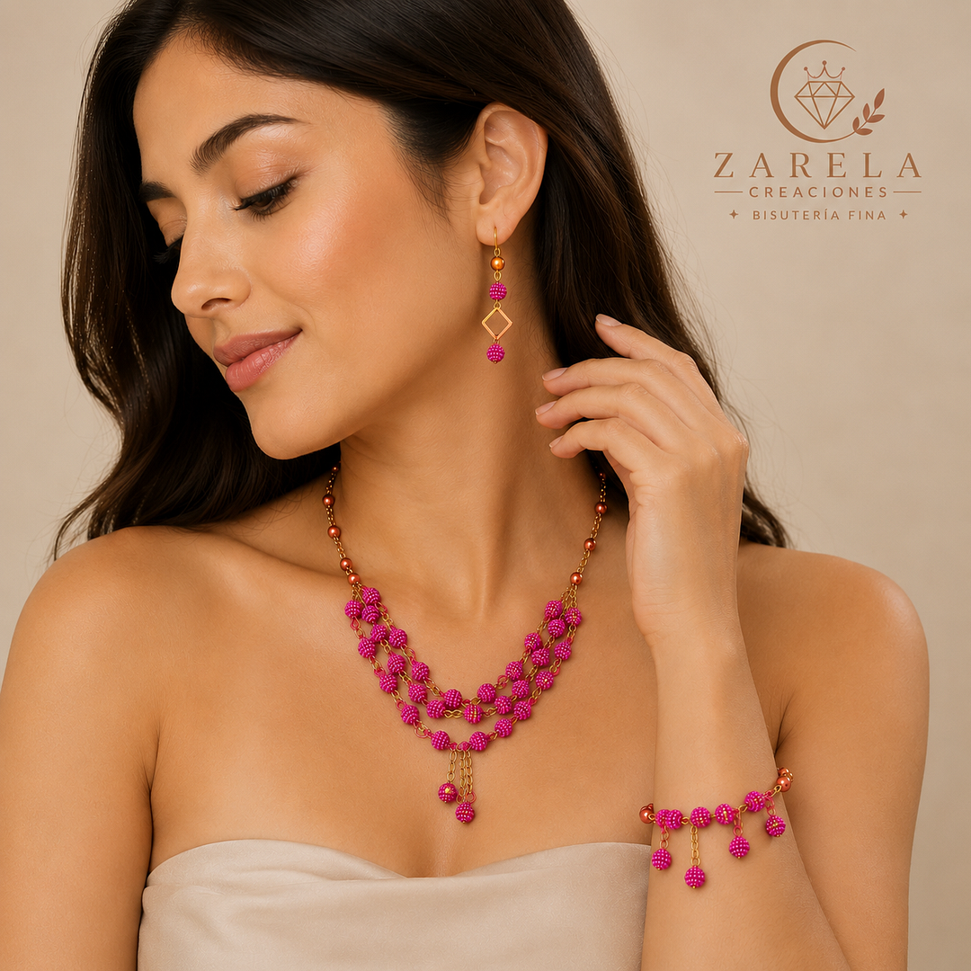 Juego Fuchsia Golden de bisutería fina artesanal Zarela Creaciones