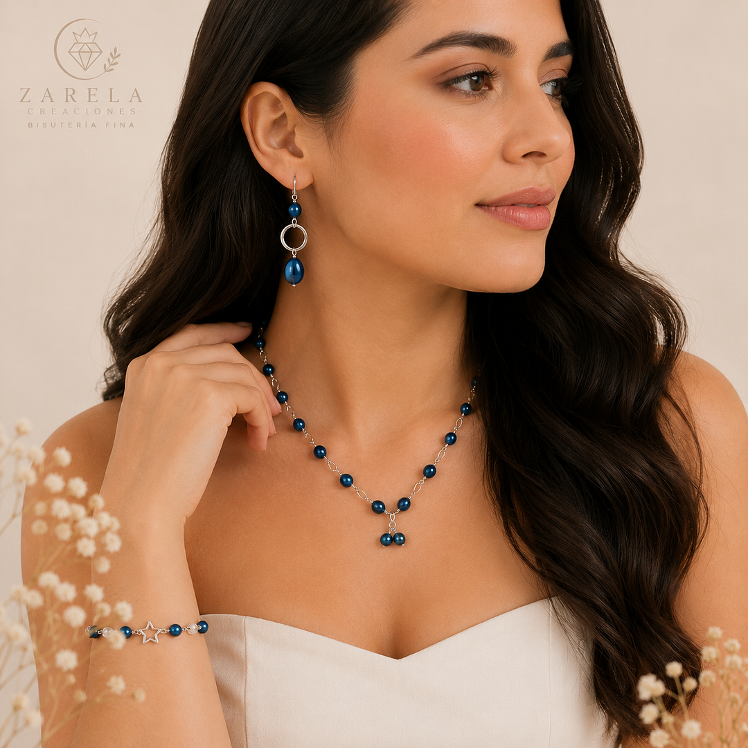 Juego Blue Plated de bisutería fina artesanal Zarela Creaciones