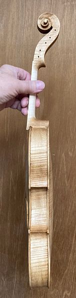Side view in sealer, handmade five-string fiddle, European Maple and Spruce, handcrafted in Oregon by Artisanal Luthier Chet Bishop.