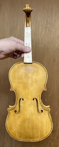 Yellow base coat on handmade 5-string fiddle, handcrafted of European Woods in Oregon by artisanal luthier Chet Bishop