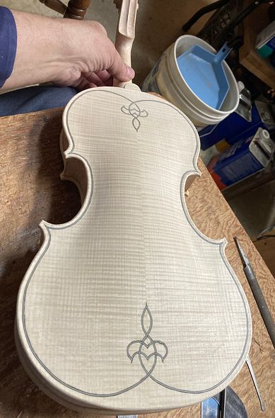 Back of 5-string fiddle European Maple and Spruce, Handcrafted in Oregon by Artisanal Luthier Chet Bishop.