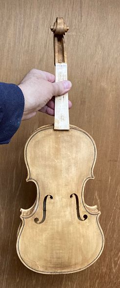 Handmade 5-string fiddle in sealer, European Spruce and maple, handcrafted in Oregon by artisanal luthier Chet Bishop.