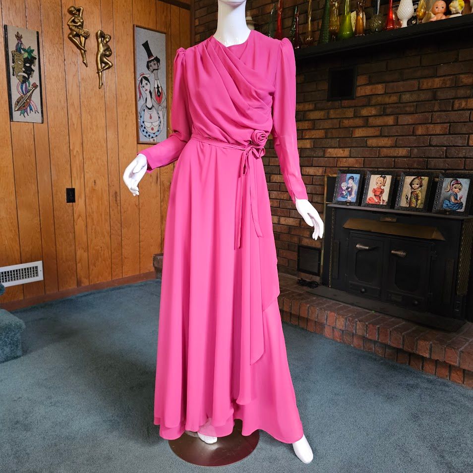 flowy 70s dress Vtg Disco Pink Rose Chiffon Draped Party Evening Maxi Gown S/M SWIMWEAR COVER-UPS