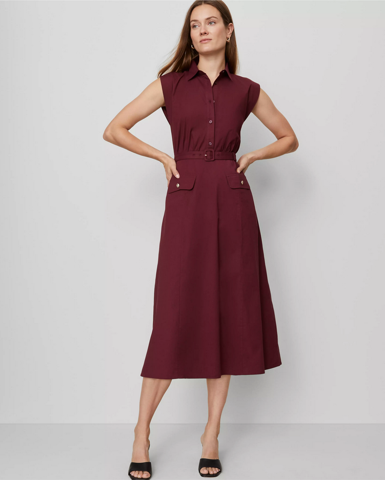 ANN TAYLOR $179 WINDSOR WINE BELTED FLARE MIDI SHIRTDRESS DRESS SZ 8 | eBay
