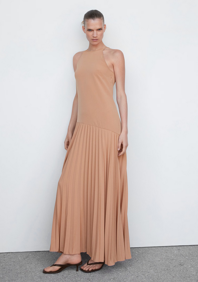 mango pleated skirt dress NWT MANGO MNG COFFEE PLEATED PANEL MAXI DRESS SZ S US 4