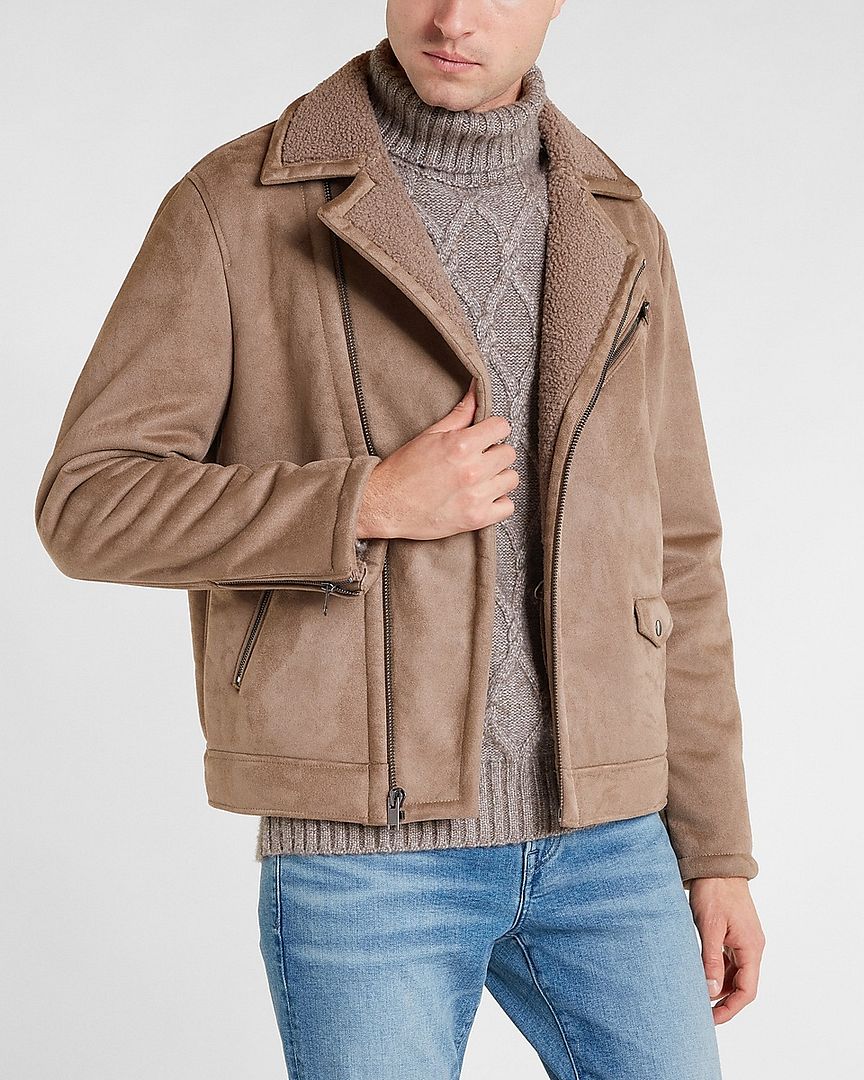 NEW EXPRESS $348 TAUPE SHEARLING LINED MOTO JACKET SZ L LARGE | eBay