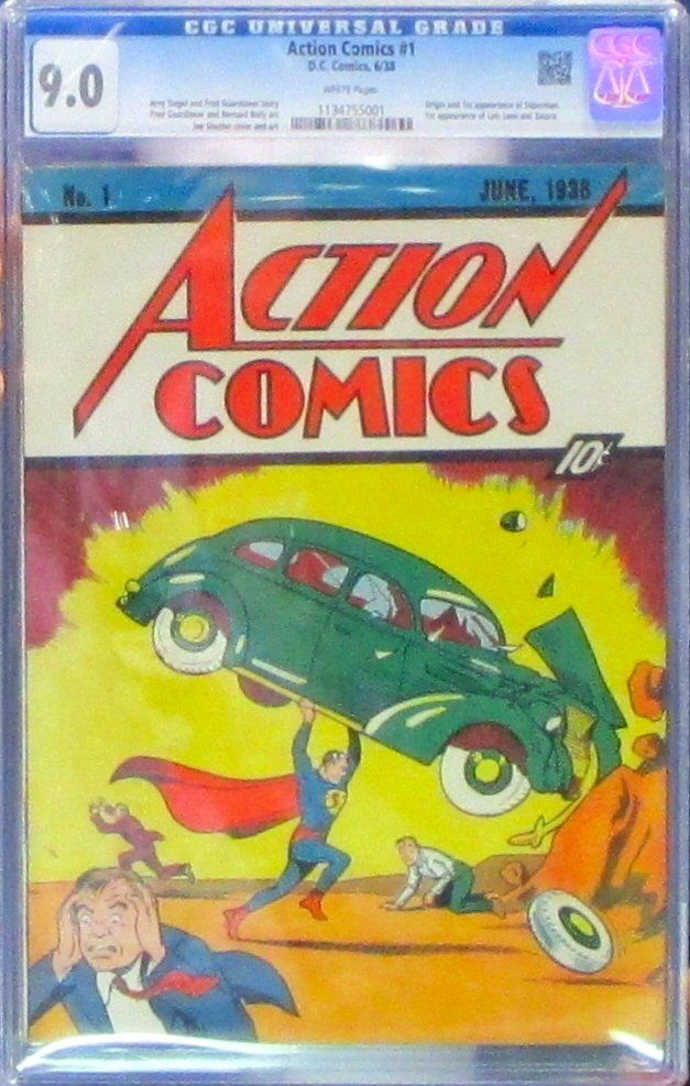 This image is licensed under the Creative Commons Attribution-Share Alike 4.0 International license. At the 2014 New York Comic Con, Vincent Zurzolo of Metropolis Collectibles displays the CGC 9.0 copy of Action Comics #1 that his firm paid $3.2 million (USD) for. Taken on 9 October 2014. Author Gary Dunaier. https://commons.wikimedia.org/wiki/File:Action_comics_1_cgc_9-point-0_vincent_zurzolo.jpg
