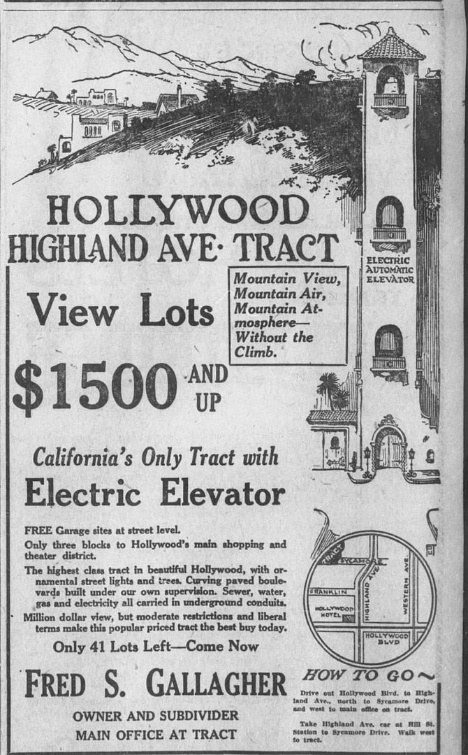 Hollywood Highland Ave. Tract Electric Automatic Elevator Advertisement in The Los Angeles Times (April 9, 1922)