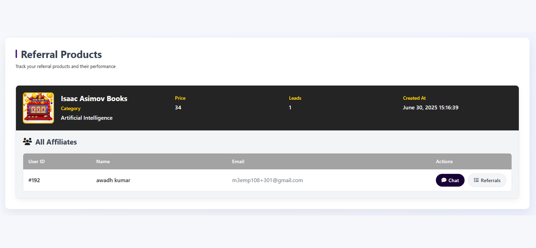 Product referral dashboard