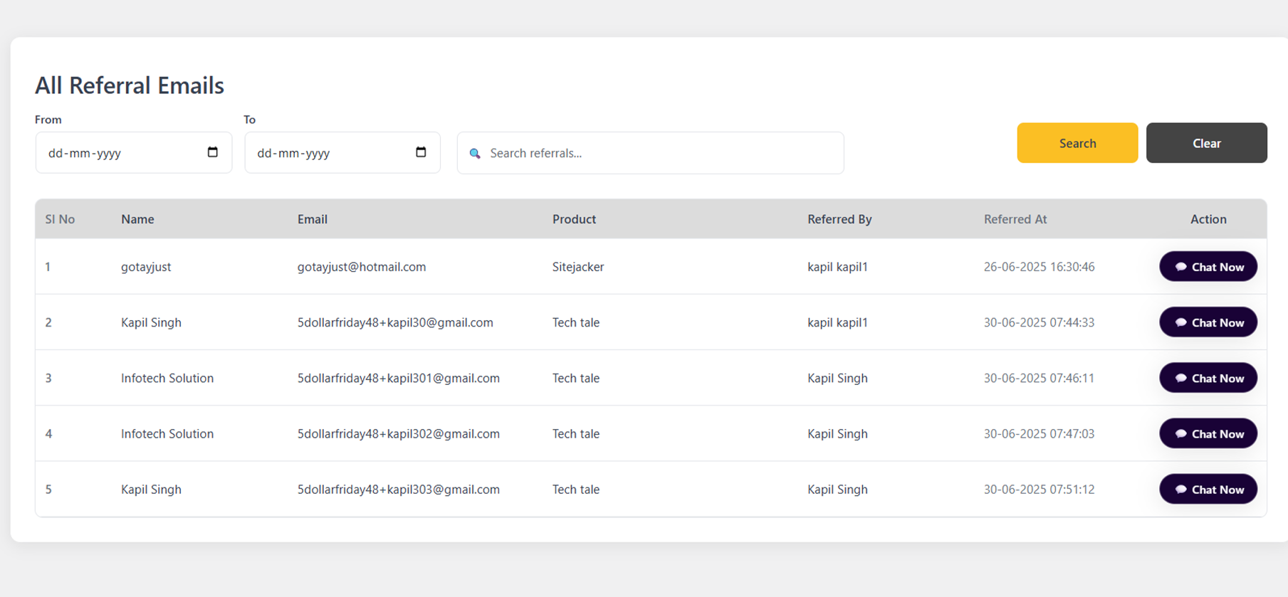 Referral email dashboard