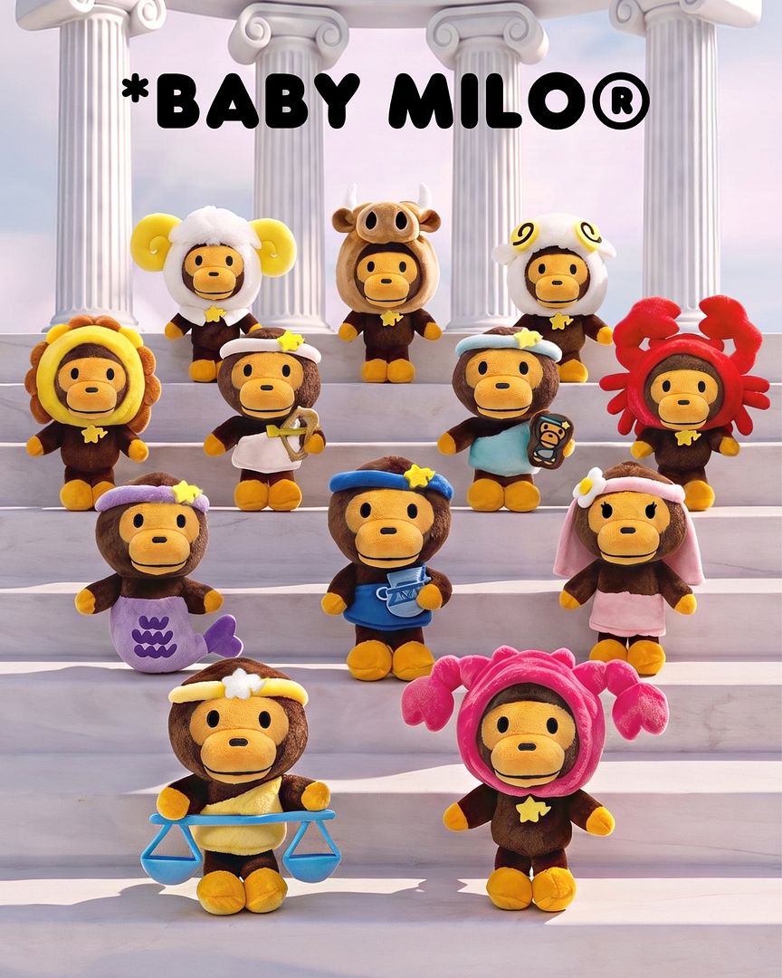 Full lineup of BABY MILO Zodiac plush keychains in their twelve zodiac costumes