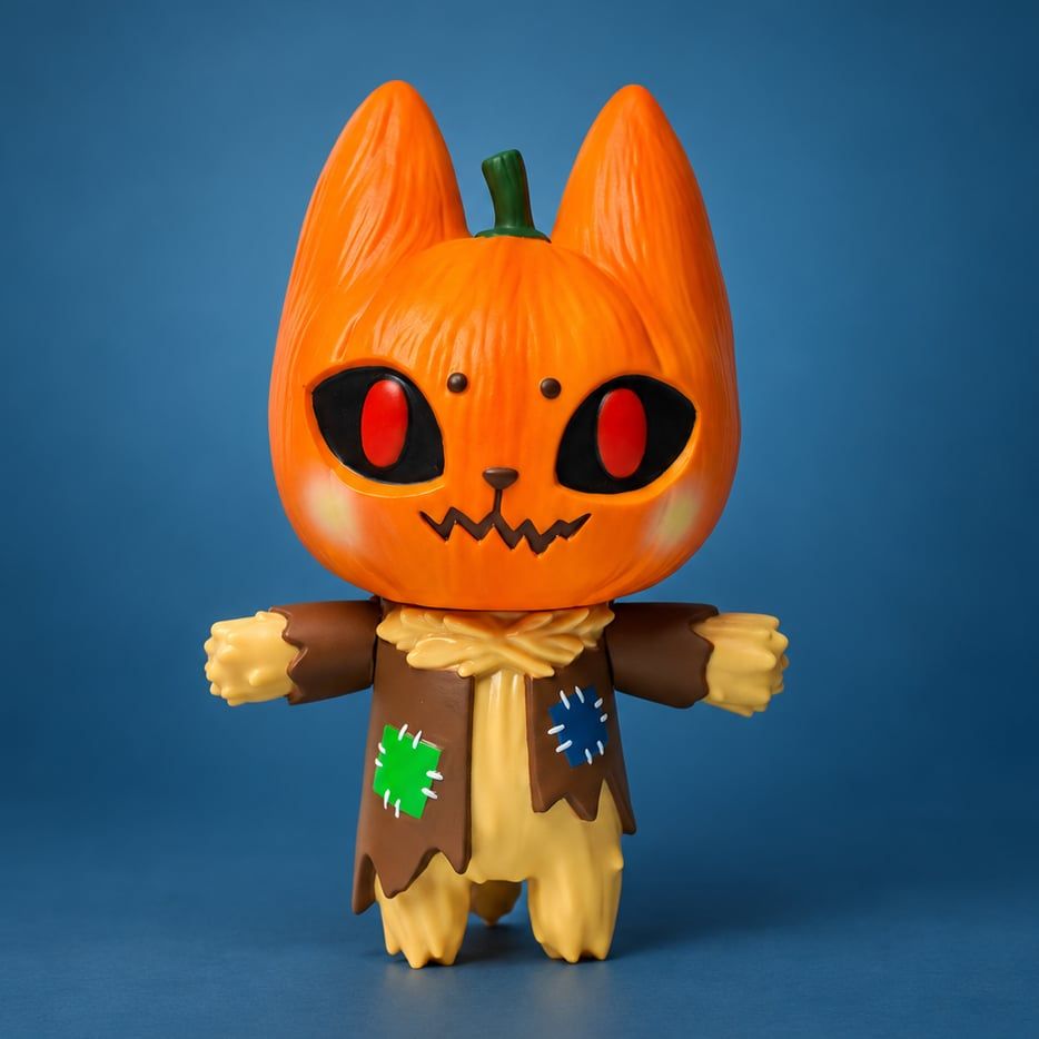 BADMEAW Pumpkin Head soft vinyl figure showing its pumpkin head and patchwork scarecrow outfit