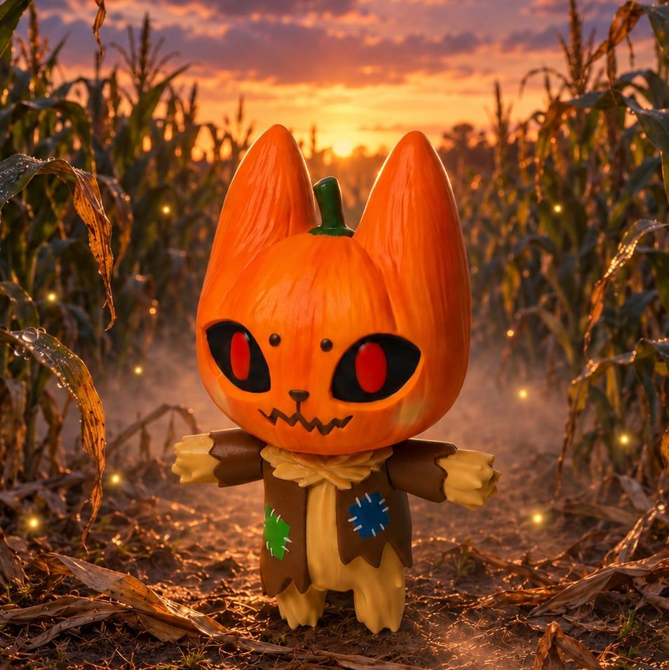 BADMEAW Pumpkin Head by Mueanfun Sapanake and Unbox Industries in a cornfield scene