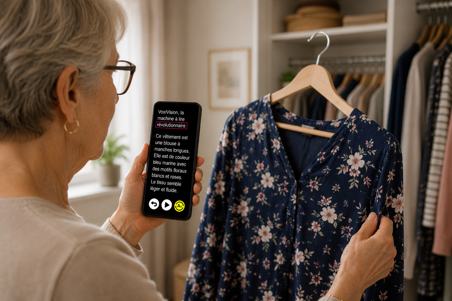 Een vrouw die de VoxiVision gebruikt om een gedetailleerde beschrijving van een blouse te krijgen