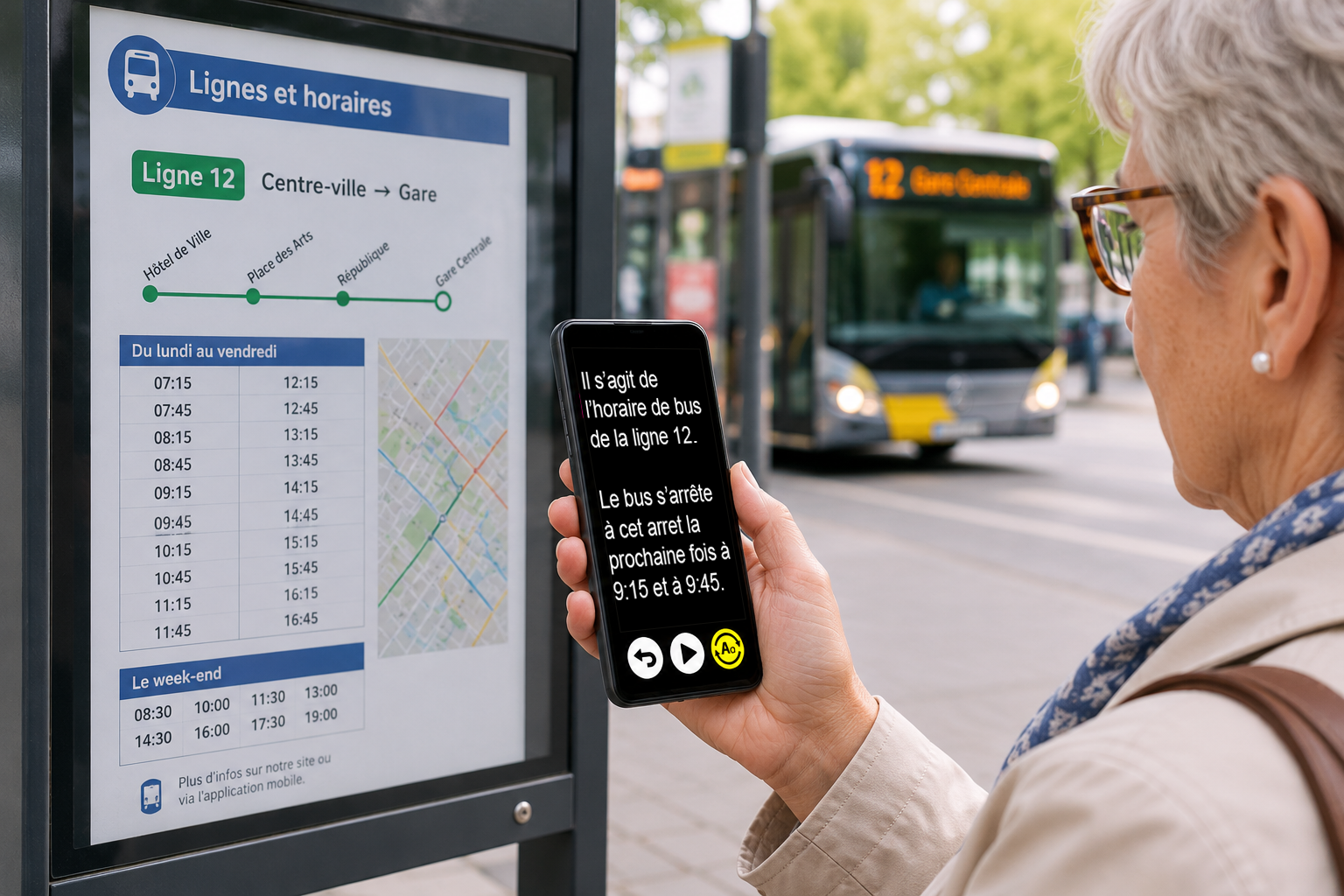 Een vrouw die de VoxiVision gebruikt om een busdienstregeling te lezen