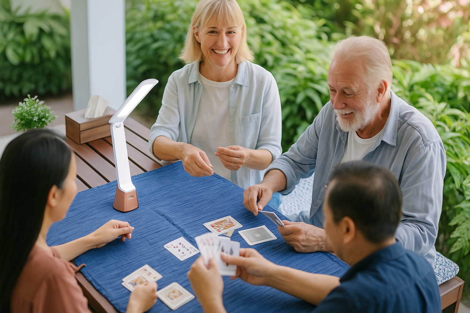 4 personen die de Twist 2 GO gebruiken om als gezin te kaartspelen