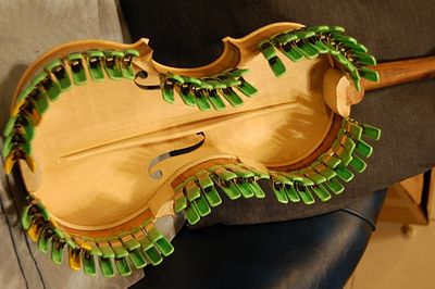 Installing the back linings on a 5-string fiddle handcrafted in Oregon by Chet Bishop, artisanal Luthier.