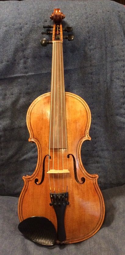 Oliver acoustic Five-String Fiddle Front, showing Ipe fingerboard and nut. Handmade in Oregon by Chet Bishop.