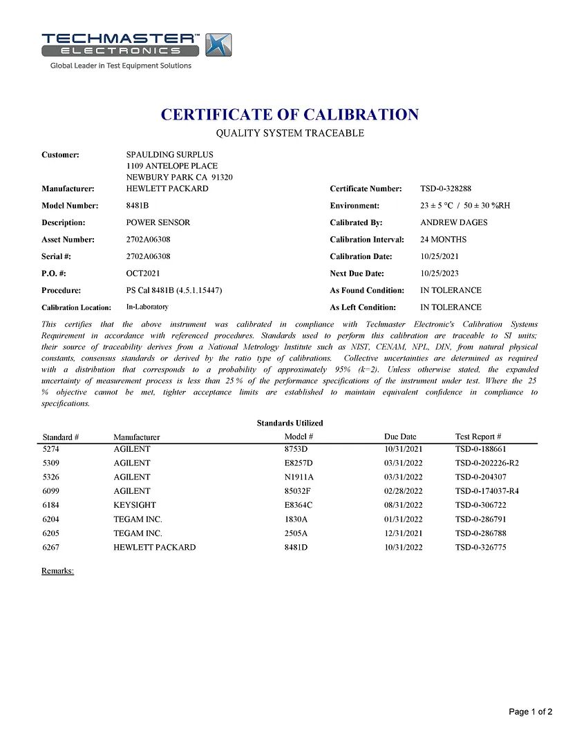 Agilent HP 8481B calibration certificate