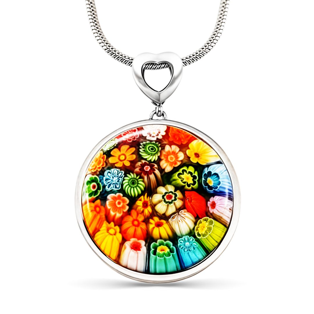 Stainless Steel Multi Color Glass Pendant Necklace Jewelry for Women Size 24-28″