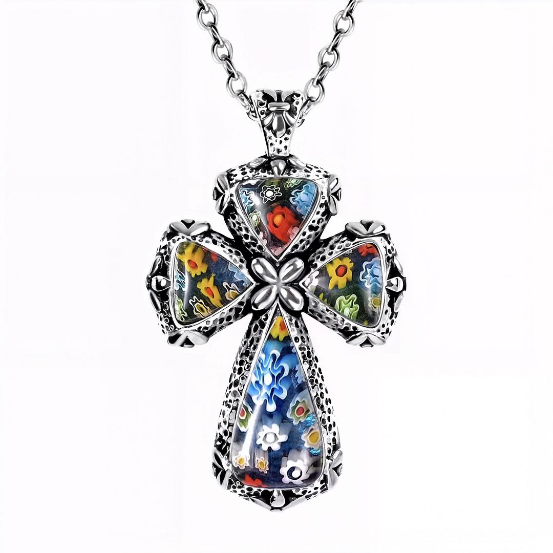 Shop LC Colorful Rainbow Cross Necklace Yellow Gold Black Oxidsized Murano Style