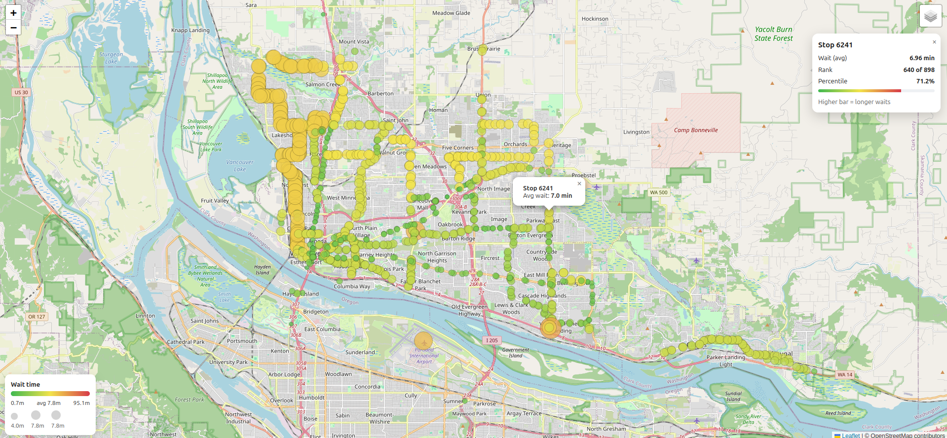 Screenshot of map visualizing C-TRAN stops.