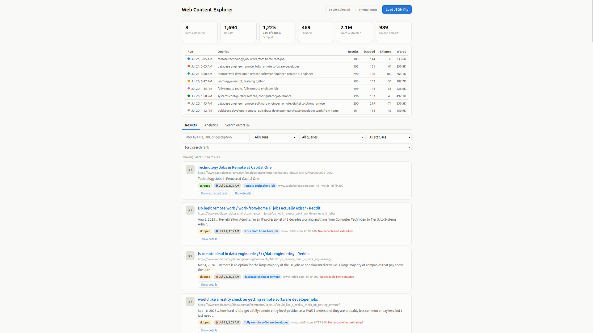 Screenshot of frontend displaying data from recent searches.