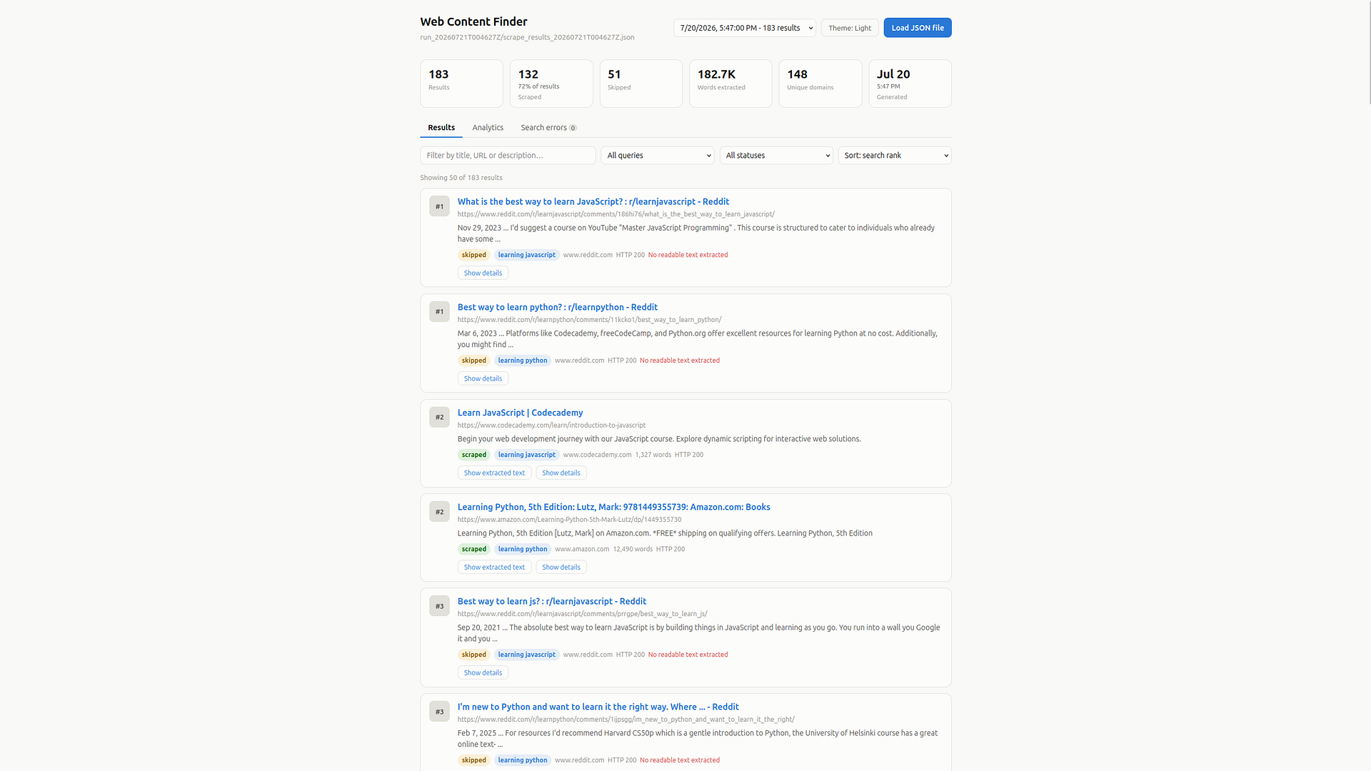 Screenshot of frontend displaying data from recent searches.