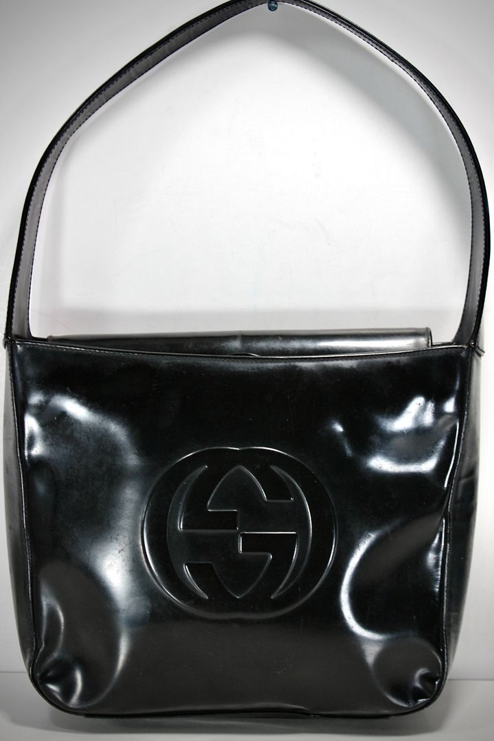 GUCCI Black Patent Leather Hand Bag Tote Bag Interlocking GG Logo