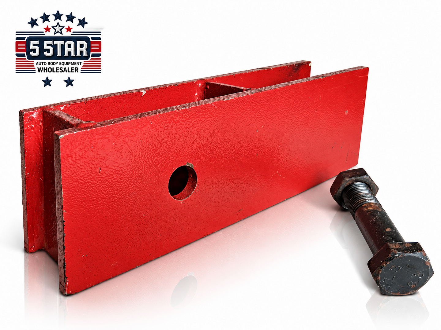 Red steel roof puller bracket with included bolt and nut
