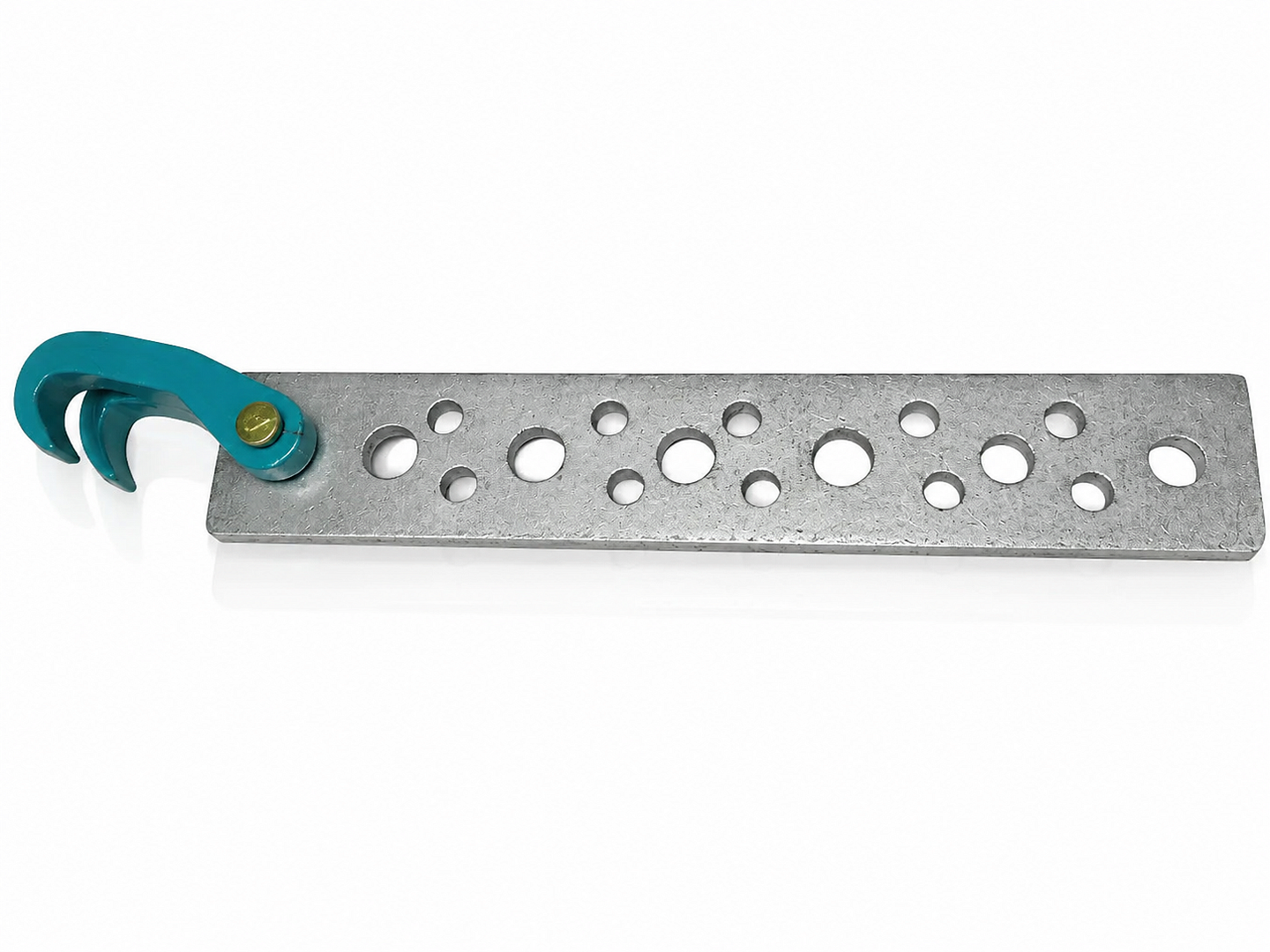 Close view of teal hook arm assembly