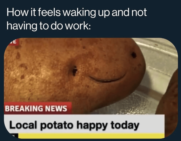 feels-waking-up-and-not-having-do-work-e-breaking-news-local-potato-happy-today